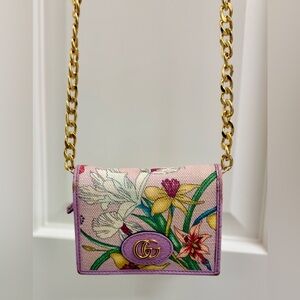 GUCCI Limited Edition Lavender Floral Feminine Wallet W/ Added Faux Gold Chain